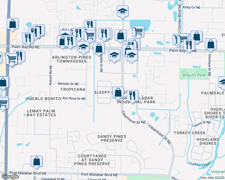 map of restaurants, bars, coffee shops, grocery stores, and more near 1263 Van Tassell Trail Northeast in Palm Bay