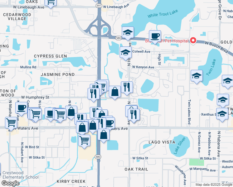 map of restaurants, bars, coffee shops, grocery stores, and more near 8601 Postwood Circle in Tampa