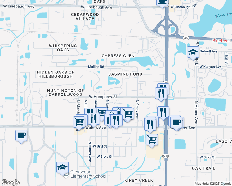 map of restaurants, bars, coffee shops, grocery stores, and more near 4102 West Humphrey Street in Tampa