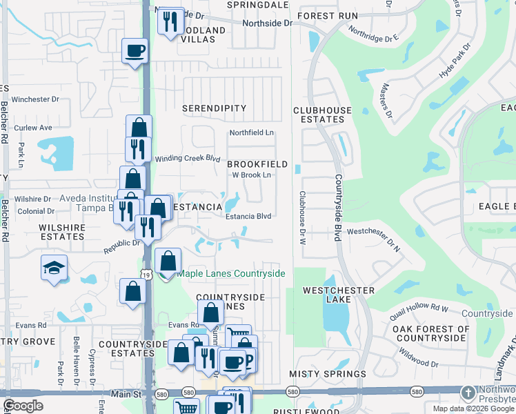 map of restaurants, bars, coffee shops, grocery stores, and more near 2569 Estancia Boulevard in Clearwater