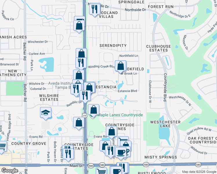 map of restaurants, bars, coffee shops, grocery stores, and more near 2498 Alhambra Court in Clearwater