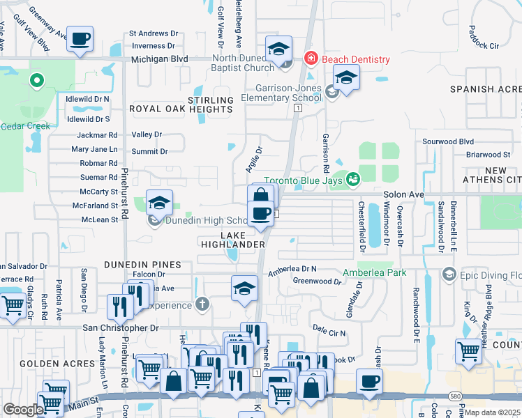 map of restaurants, bars, coffee shops, grocery stores, and more near 245 Mary Circle East in Dunedin