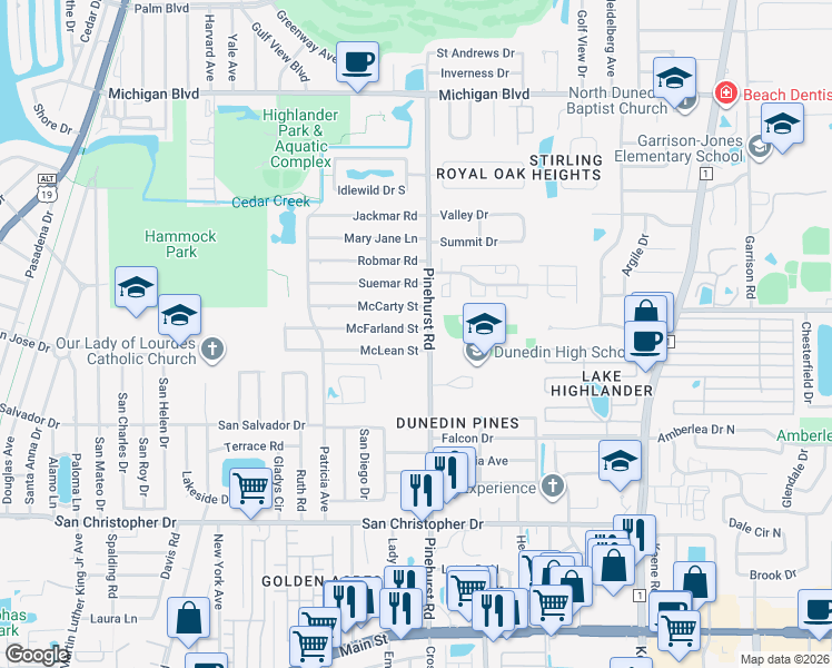 map of restaurants, bars, coffee shops, grocery stores, and more near 1150 McLean Street in Dunedin