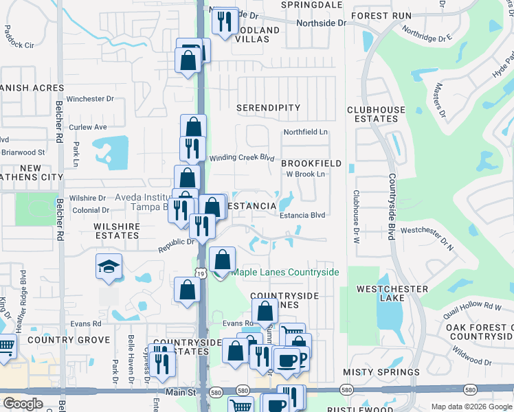 map of restaurants, bars, coffee shops, grocery stores, and more near 2498 Alhambra Court in Clearwater