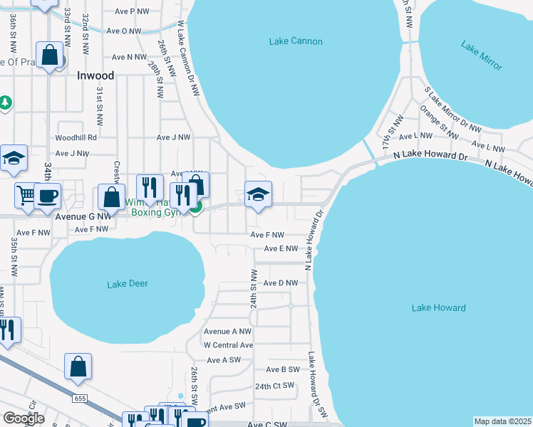 map of restaurants, bars, coffee shops, grocery stores, and more near 2200 Avenue G Northwest in Winter Haven