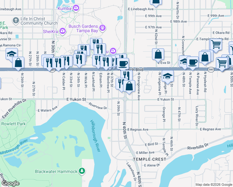 map of restaurants, bars, coffee shops, grocery stores, and more near 3707 East Yukon Street in Tampa