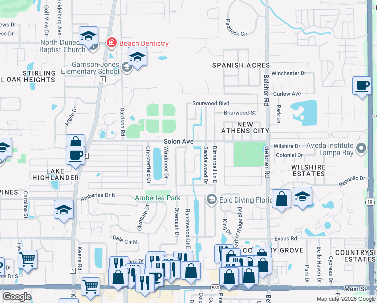 map of restaurants, bars, coffee shops, grocery stores, and more near 1436 Rosewood Avenue in Dunedin