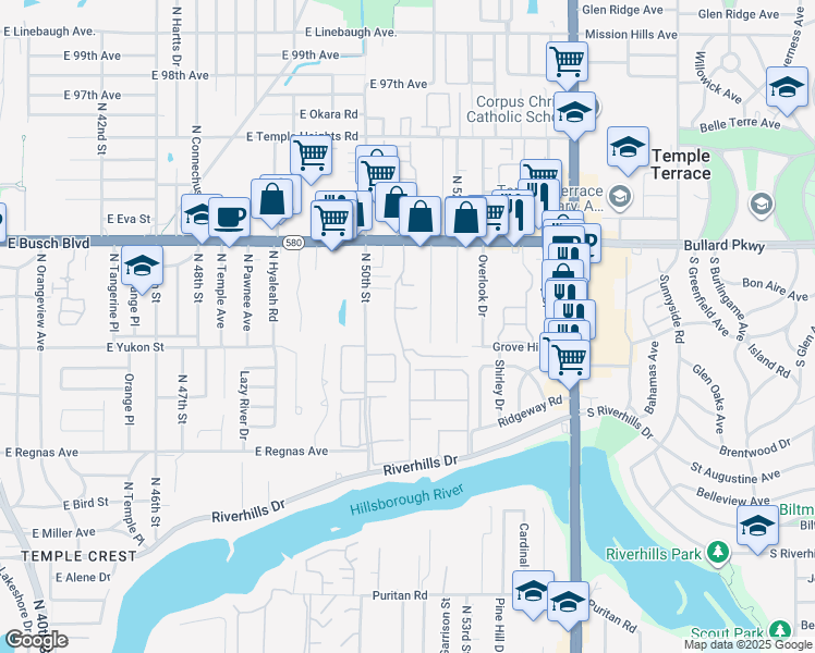 map of restaurants, bars, coffee shops, grocery stores, and more near 8725 Del Rey Court in Tampa