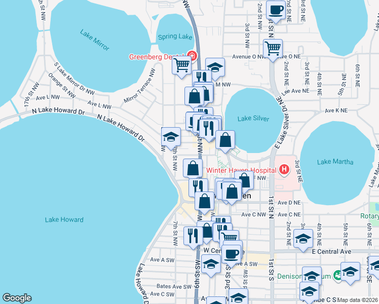 map of restaurants, bars, coffee shops, grocery stores, and more near 717 6th Street Northwest in Winter Haven