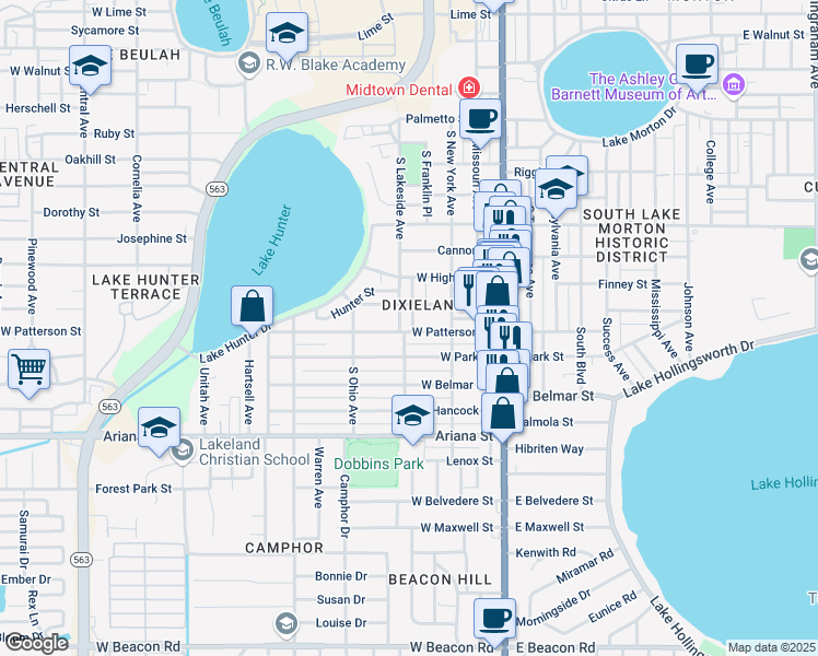 map of restaurants, bars, coffee shops, grocery stores, and more near 501 West Patterson Street in Lakeland