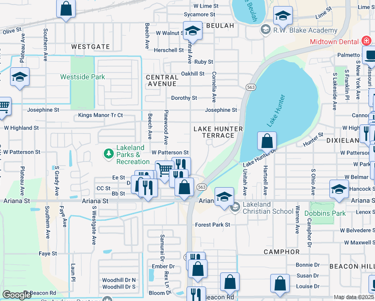 map of restaurants, bars, coffee shops, grocery stores, and more near 1113 South Central Avenue in Lakeland
