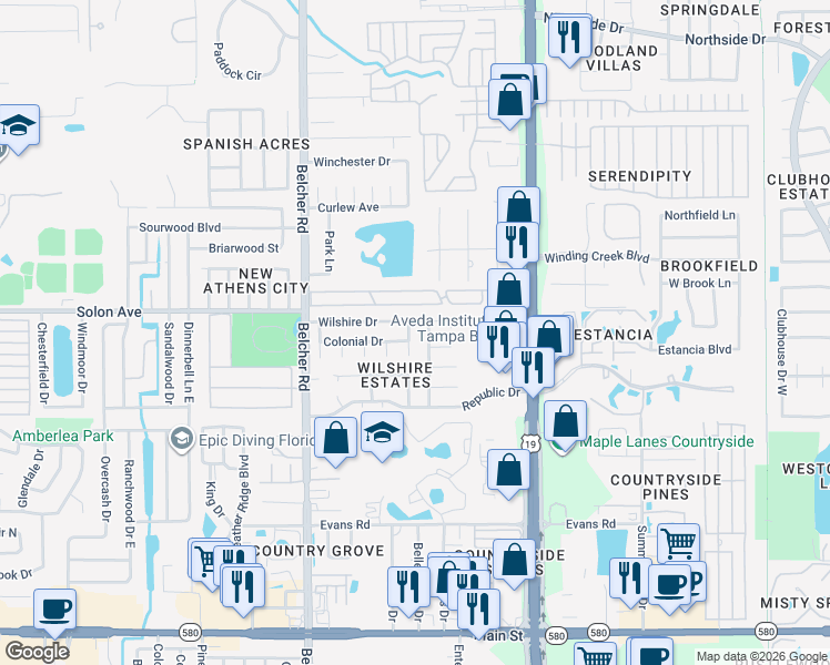 map of restaurants, bars, coffee shops, grocery stores, and more near 2956 Palmetto Court in Dunedin