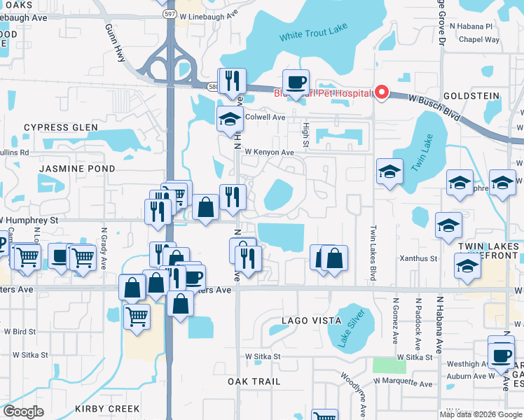 map of restaurants, bars, coffee shops, grocery stores, and more near 3502 Magnolia Tree Lane in Tampa