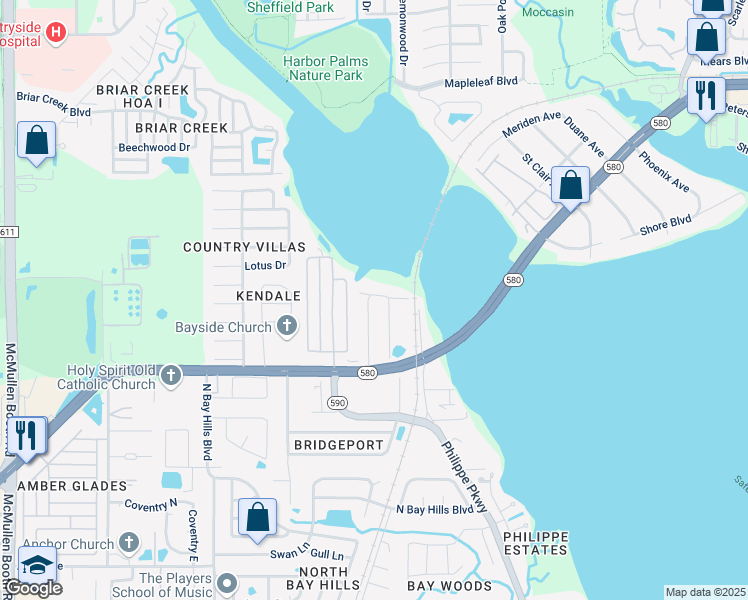 map of restaurants, bars, coffee shops, grocery stores, and more near 2955 Bay View Drive in Safety Harbor
