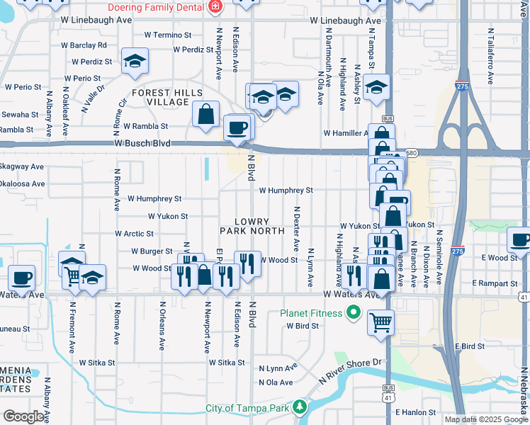 map of restaurants, bars, coffee shops, grocery stores, and more near 8700 North Hamner Avenue in Tampa