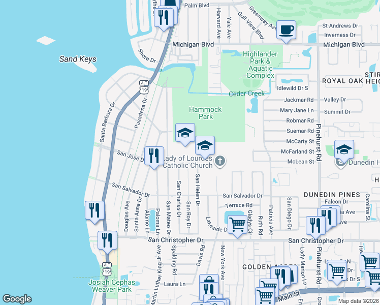 map of restaurants, bars, coffee shops, grocery stores, and more near 1660 San Helen Drive in Dunedin