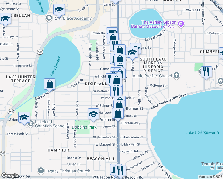 map of restaurants, bars, coffee shops, grocery stores, and more near Dixieland Mall Lane in Lakeland