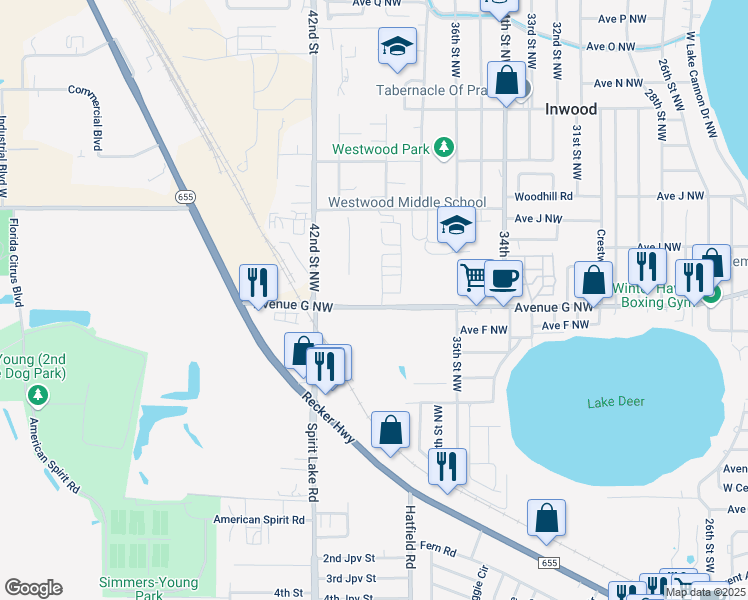 map of restaurants, bars, coffee shops, grocery stores, and more near 5004 Dream Dr. in Winter Haven