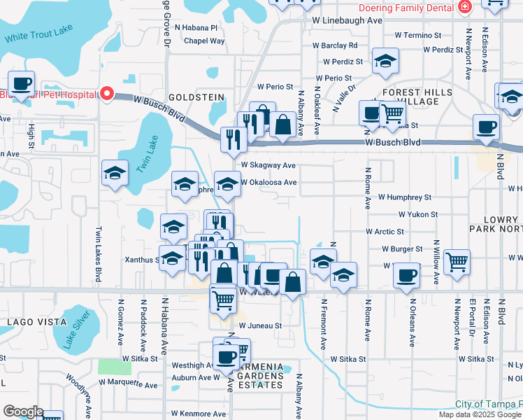 map of restaurants, bars, coffee shops, grocery stores, and more near 2228 Blue Spruce Way in Tampa