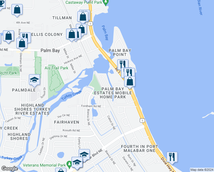 map of restaurants, bars, coffee shops, grocery stores, and more near 2975 Indian River Drive Northeast in Palm Bay