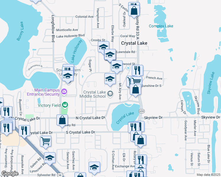 map of restaurants, bars, coffee shops, grocery stores, and more near 2410 North Crystal Lake Drive in Lakeland