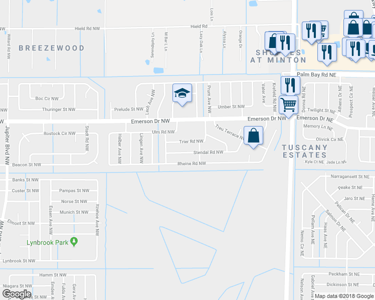 map of restaurants, bars, coffee shops, grocery stores, and more near 439 Stendal Road Northwest in Palm Bay