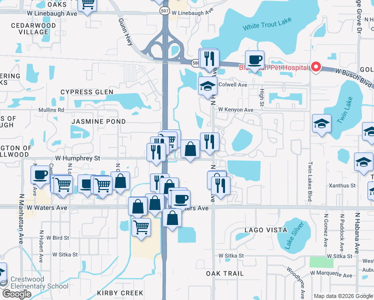 map of restaurants, bars, coffee shops, grocery stores, and more near 8609 Postwood Circle in Tampa