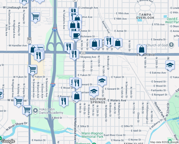 map of restaurants, bars, coffee shops, grocery stores, and more near 1000 East Eskimo Avenue in Tampa