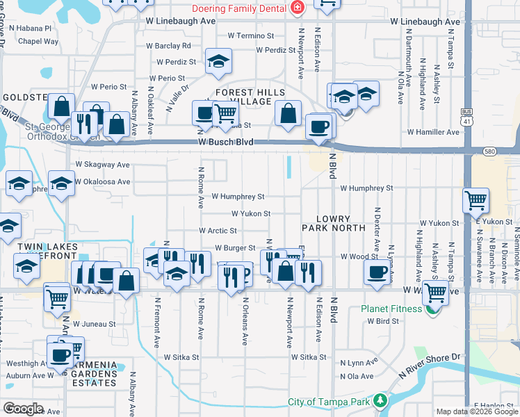 map of restaurants, bars, coffee shops, grocery stores, and more near 1315 West Humphrey Street in Tampa