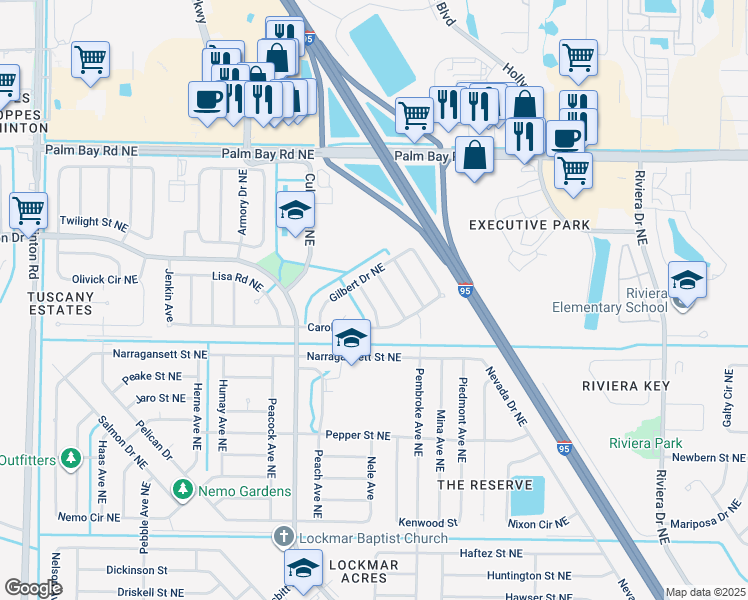 map of restaurants, bars, coffee shops, grocery stores, and more near 1253 Drill Avenue Northeast in Palm Bay