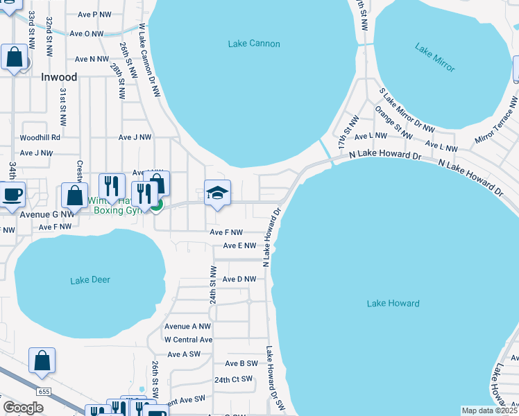 map of restaurants, bars, coffee shops, grocery stores, and more near 2101 Avenue G Northwest in Winter Haven