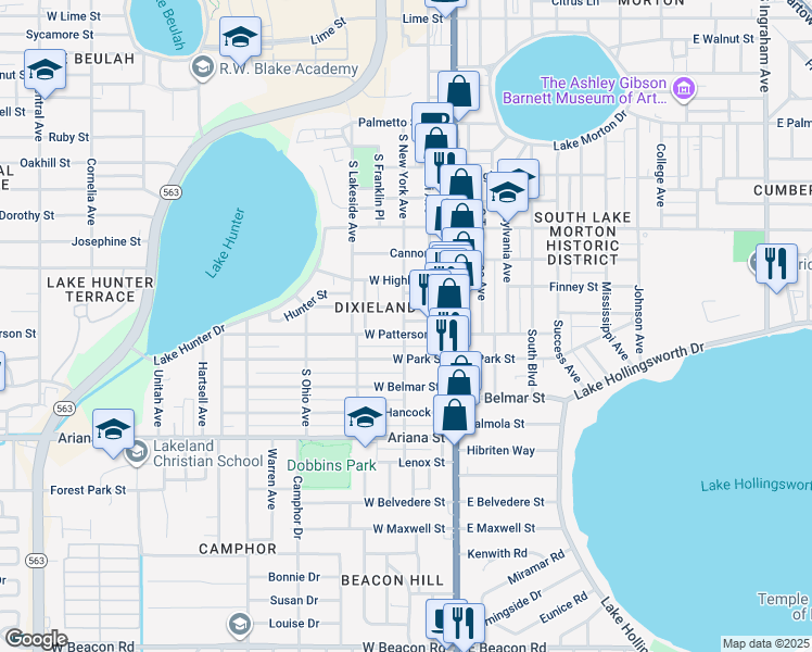 map of restaurants, bars, coffee shops, grocery stores, and more near 205 Hunter Street in Lakeland