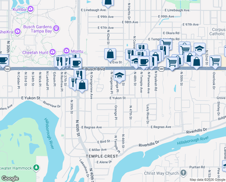 map of restaurants, bars, coffee shops, grocery stores, and more near 8723 North Tangerine Place in Tampa