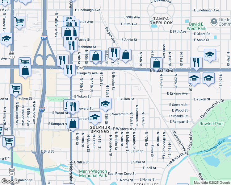 map of restaurants, bars, coffee shops, grocery stores, and more near 8621 North 14th Street in Tampa