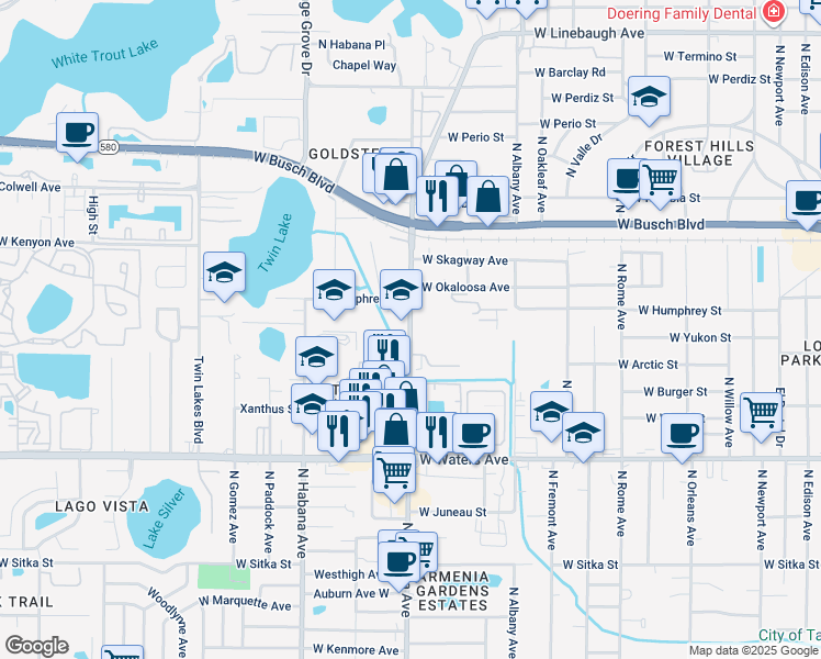 map of restaurants, bars, coffee shops, grocery stores, and more near 8711 Redwood Court in Tampa
