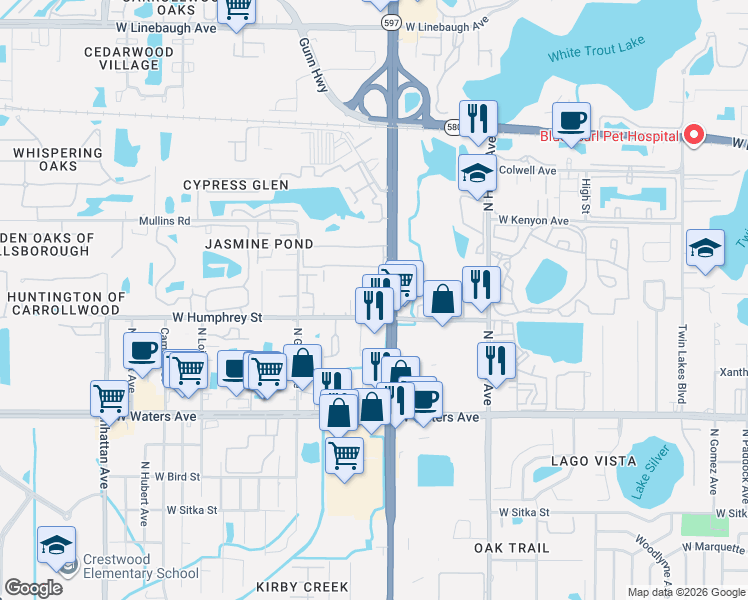map of restaurants, bars, coffee shops, grocery stores, and more near 8609 Huron Court in Tampa