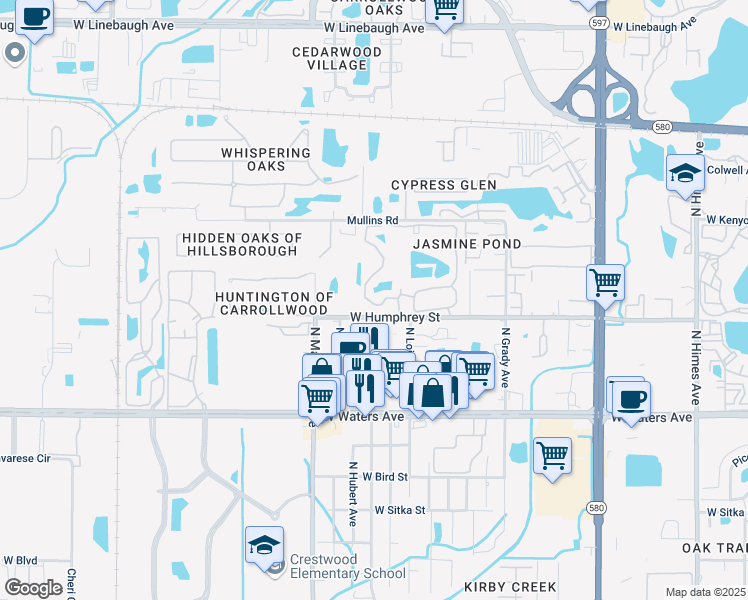 map of restaurants, bars, coffee shops, grocery stores, and more near 8647 Fancy Finch Drive in Tampa