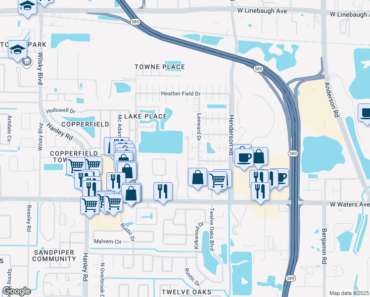 map of restaurants, bars, coffee shops, grocery stores, and more near 8576 Sandy Beach Street in Tampa