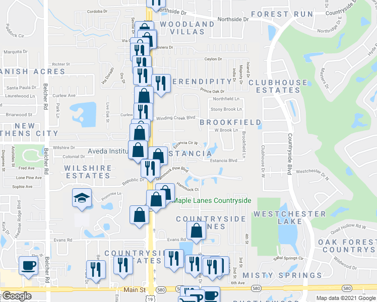map of restaurants, bars, coffee shops, grocery stores, and more near 16 Winding Creek Court in Clearwater