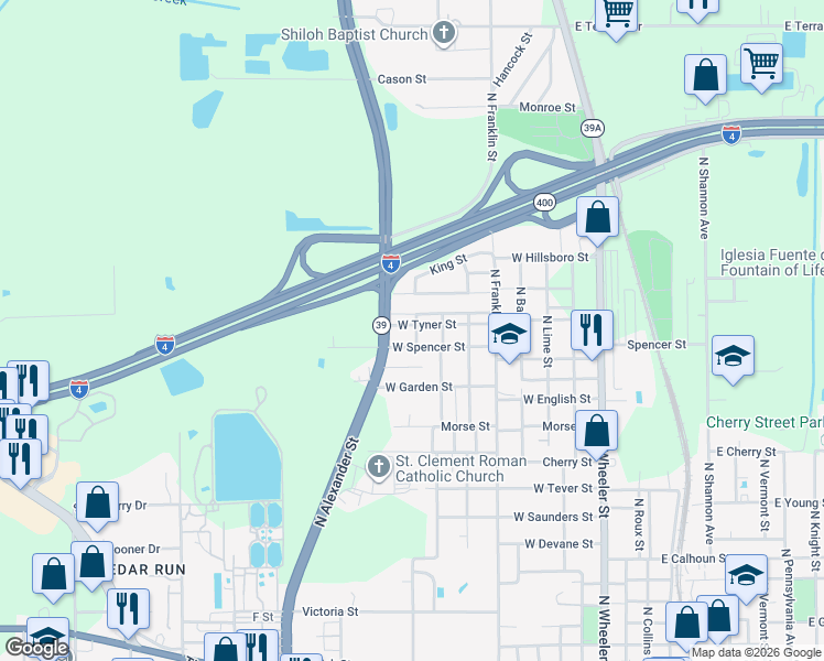 map of restaurants, bars, coffee shops, grocery stores, and more near 1006 Woodlawn Avenue in Plant City