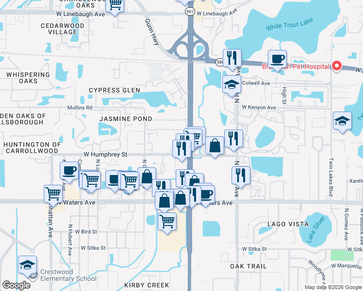 map of restaurants, bars, coffee shops, grocery stores, and more near 8609 Huron Court in Tampa