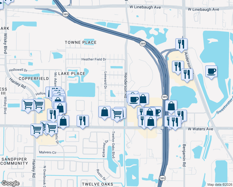 map of restaurants, bars, coffee shops, grocery stores, and more near 8596 Westwind Drive in Tampa