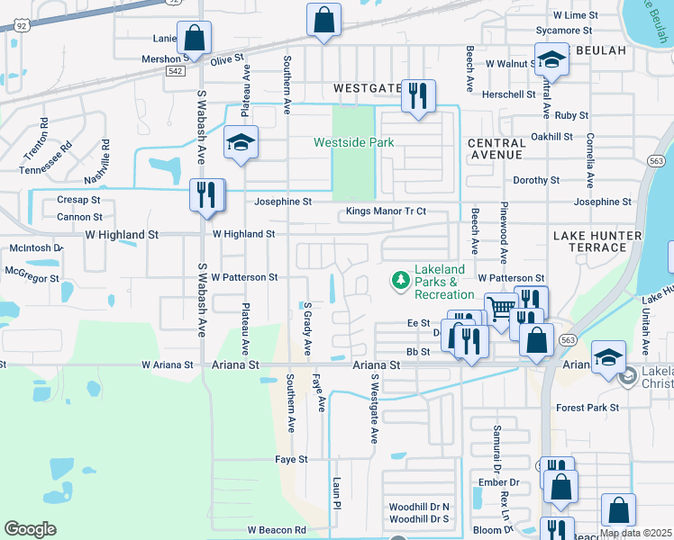 map of restaurants, bars, coffee shops, grocery stores, and more near 1205 Ariana Place in Lakeland