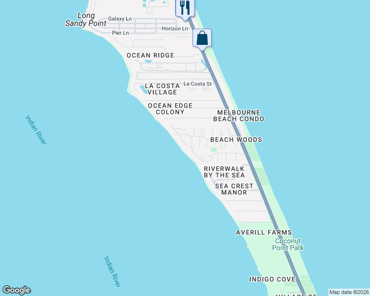 map of restaurants, bars, coffee shops, grocery stores, and more near 3124 River Villa Way in Melbourne Beach