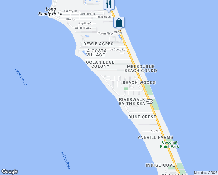 map of restaurants, bars, coffee shops, grocery stores, and more near 3220 River Villa Way in Melbourne Beach