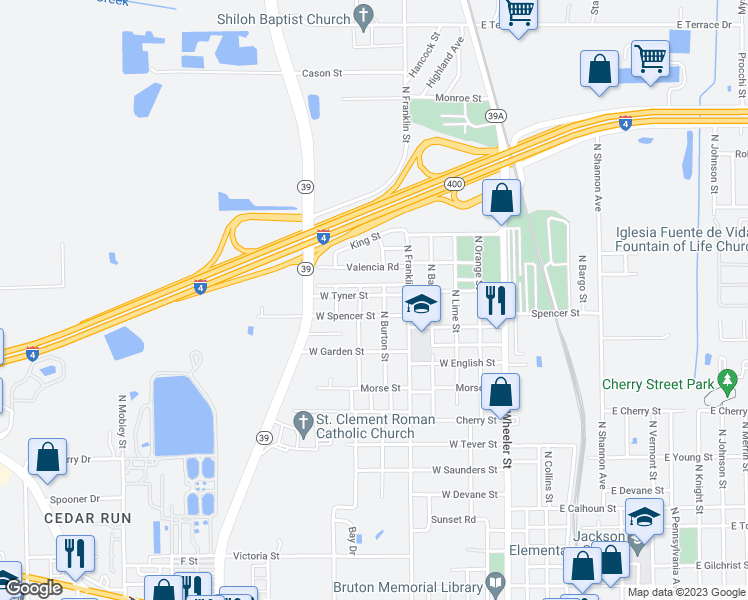 map of restaurants, bars, coffee shops, grocery stores, and more near 903 Tyner Street in Plant City