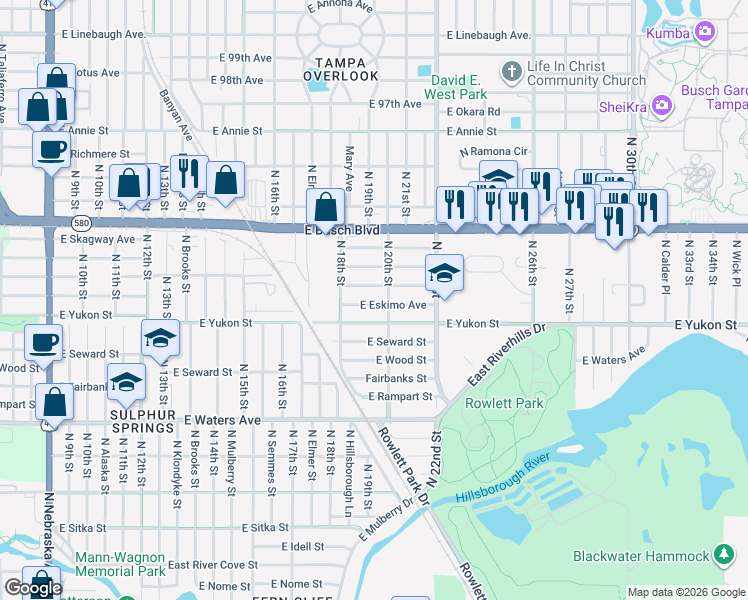 map of restaurants, bars, coffee shops, grocery stores, and more near 1818 East Eskimo Avenue in Tampa