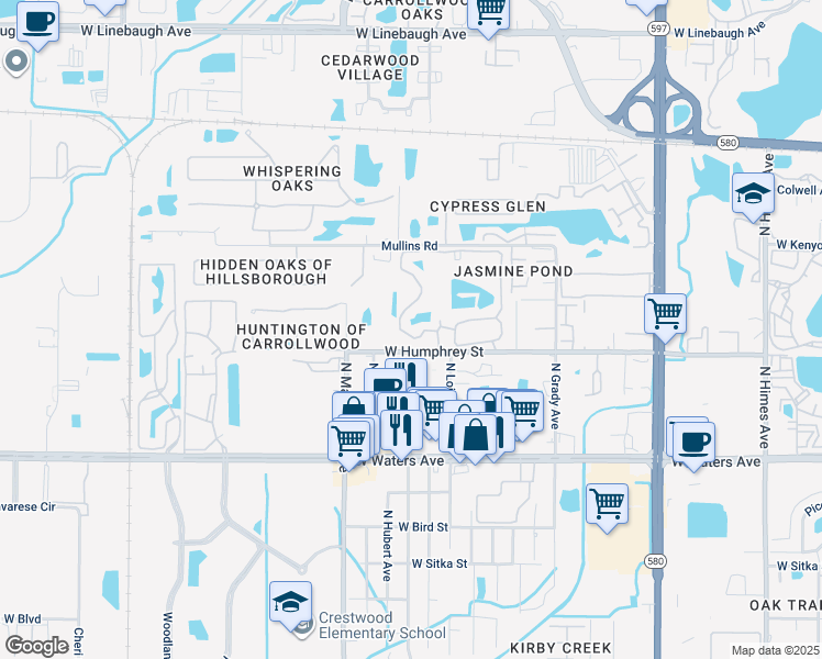 map of restaurants, bars, coffee shops, grocery stores, and more near 8647 Fancy Finch Drive in Tampa