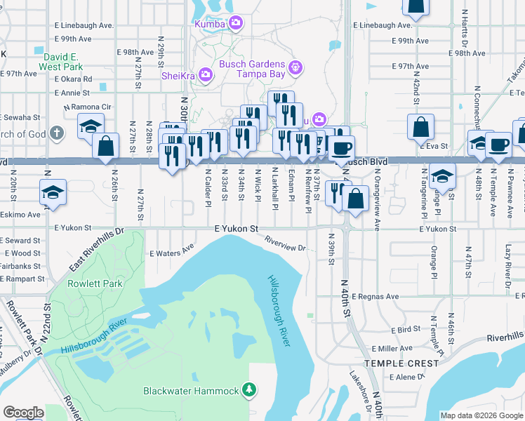 map of restaurants, bars, coffee shops, grocery stores, and more near 8722 North Wick Place in Tampa