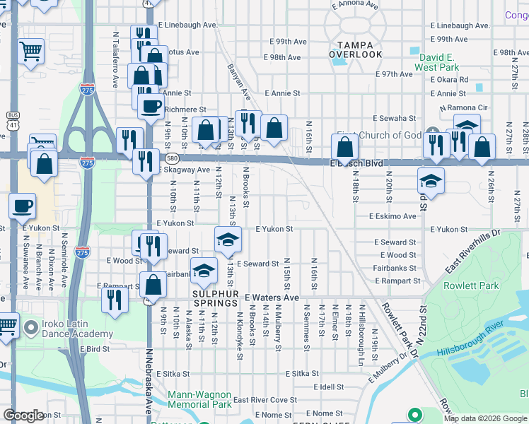 map of restaurants, bars, coffee shops, grocery stores, and more near 8621 North 14th Street in Tampa
